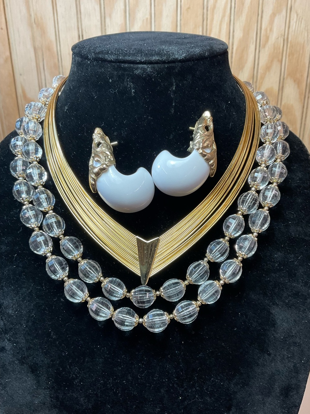 Vintage V-Shaped Necklace with Clear Bead Strand and White Crescent Earrings